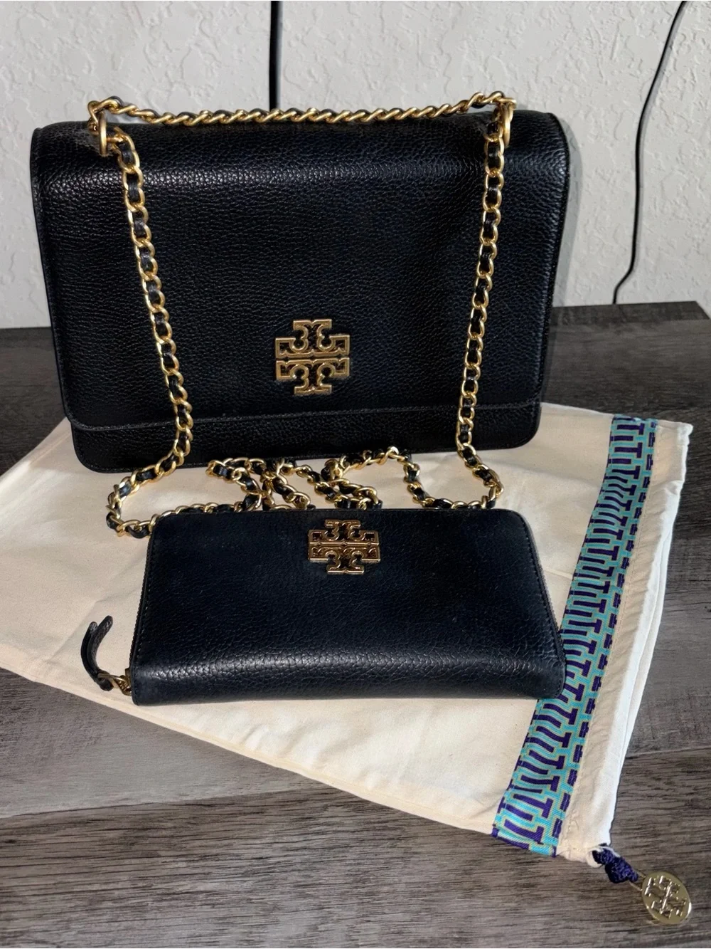 Tory Burch Black Leather Chain Crossbody with Matching Wallet